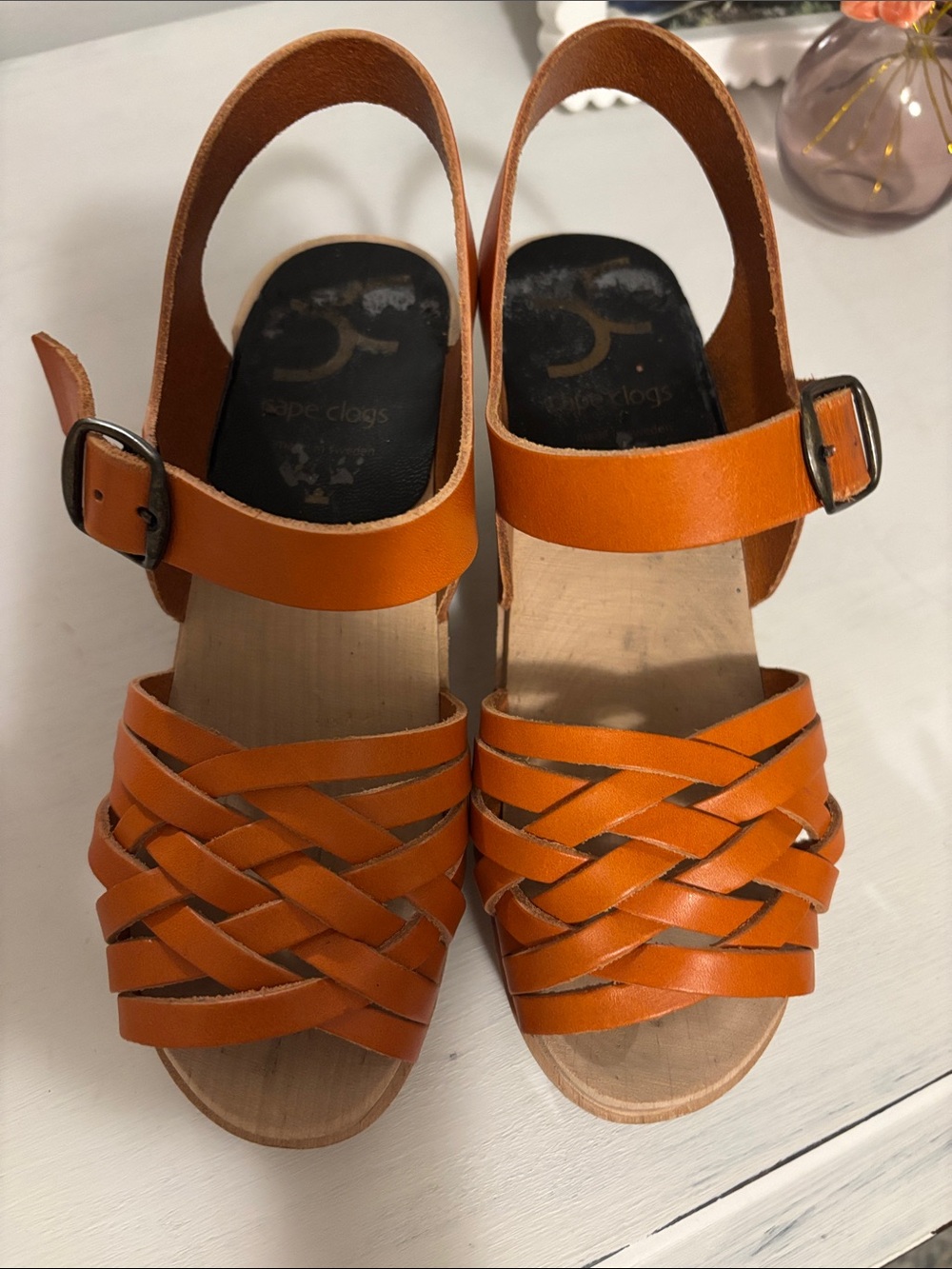 Cape ClogsOrange Woven Leather Slingback Clogs.